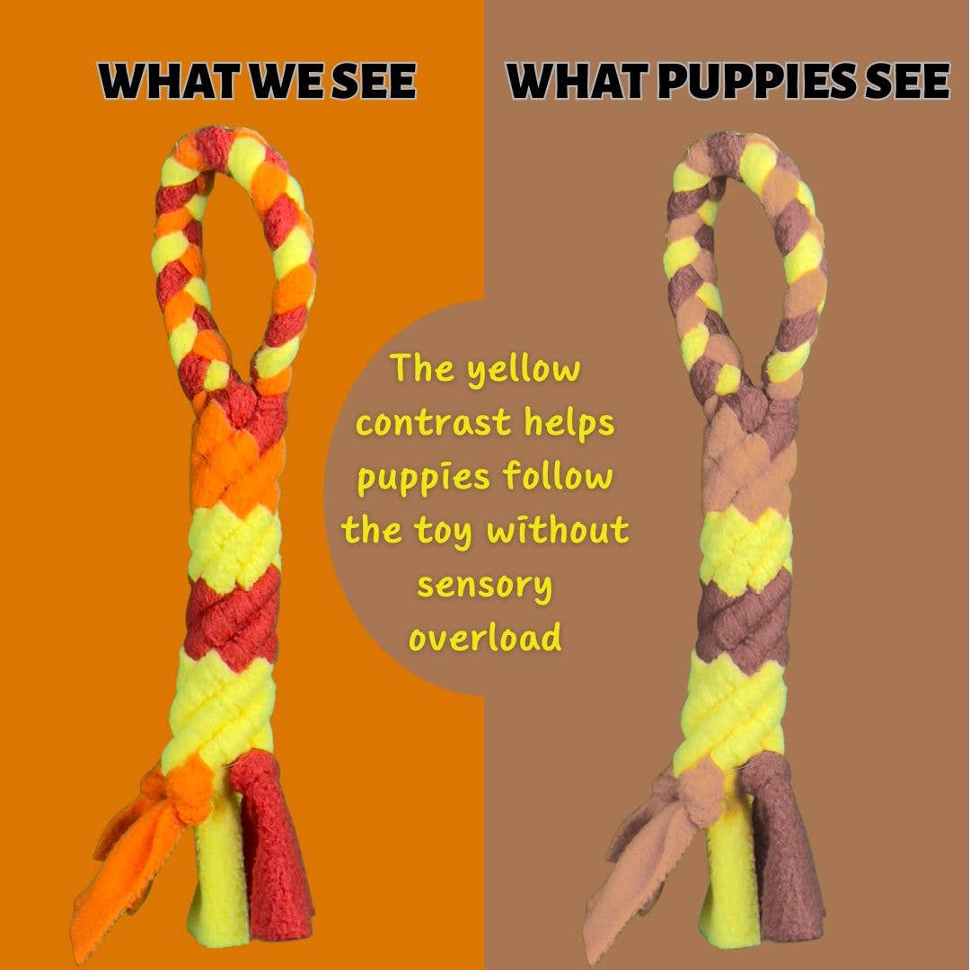 Chelsy's Toys fleece tug toy showing detailed close-up of the soft braided rope texture and construction.