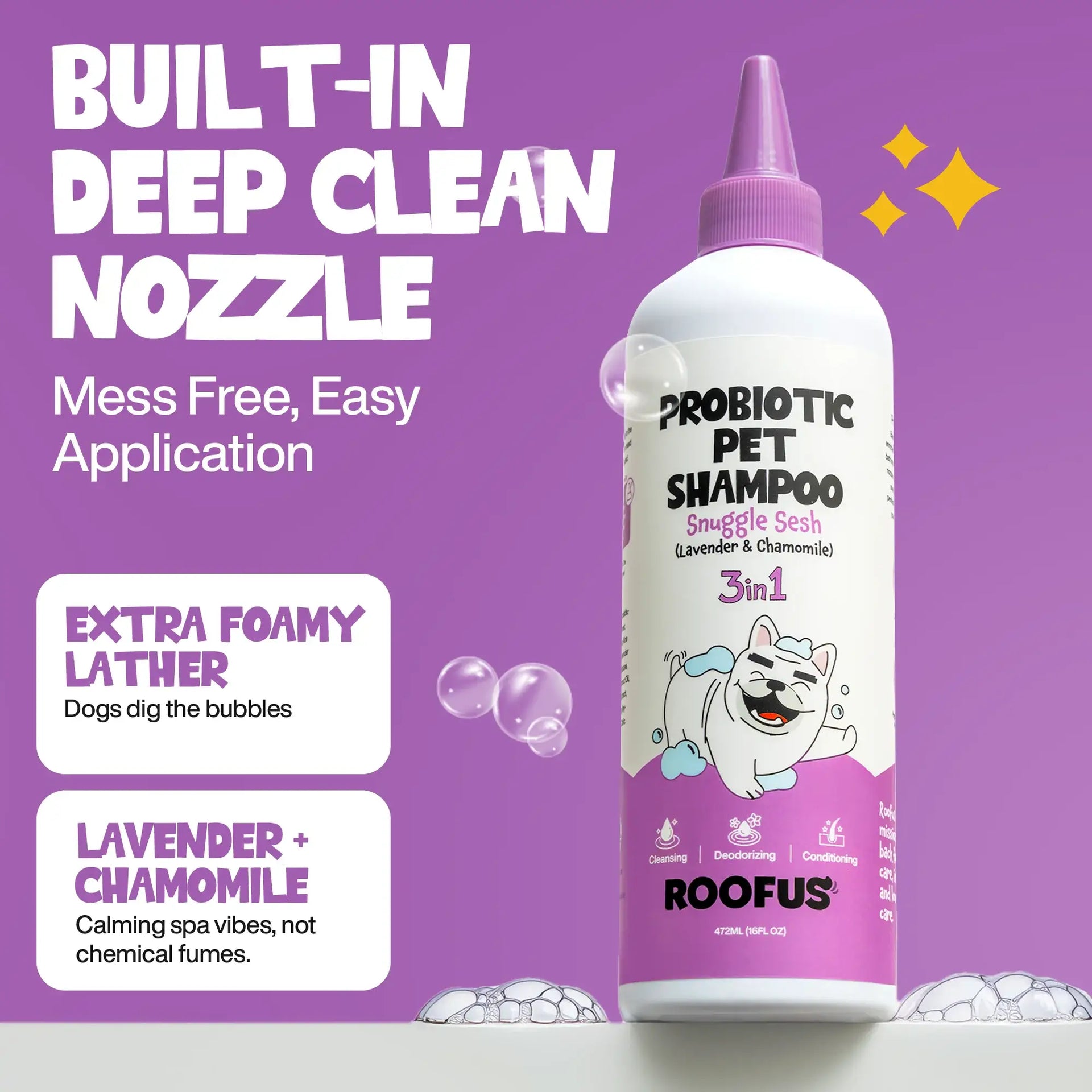 Roofus Snuggle Sesh dog shampoo bottle showing detailed ingredient list and usage instructions on back label.