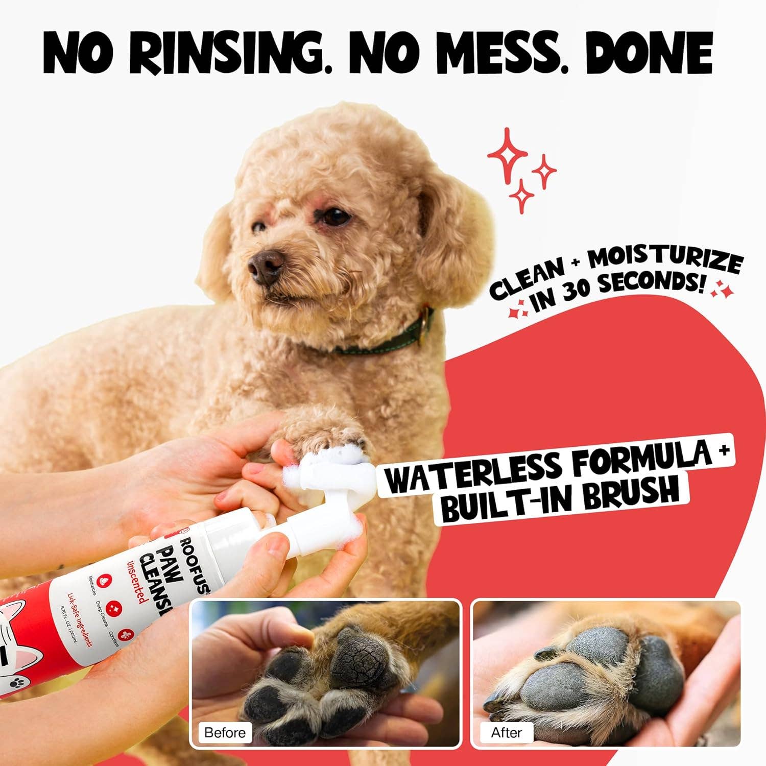 Roofus Foaming Paw Cleanser bottle showing the built-in soft brush applicator and no-rinse formula details.