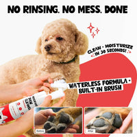 Roofus Foaming Paw Cleanser bottle showing the built-in soft brush applicator and no-rinse formula details.
