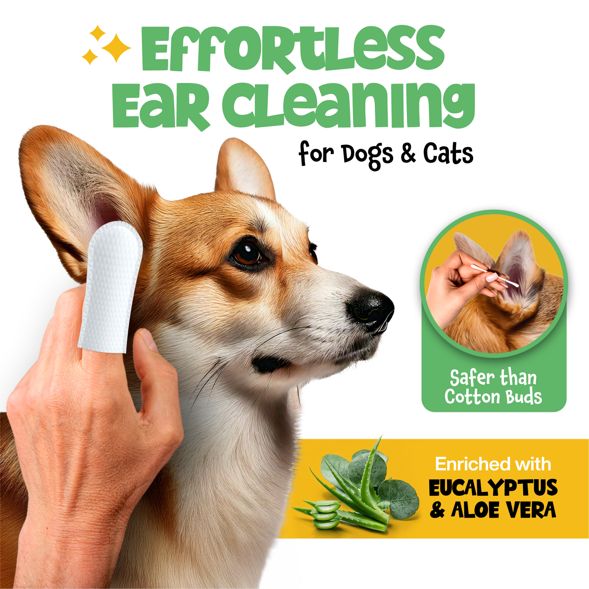 Roofus Dog Ear Wipes package showing 100-count label and finger-shaped wipe design details.