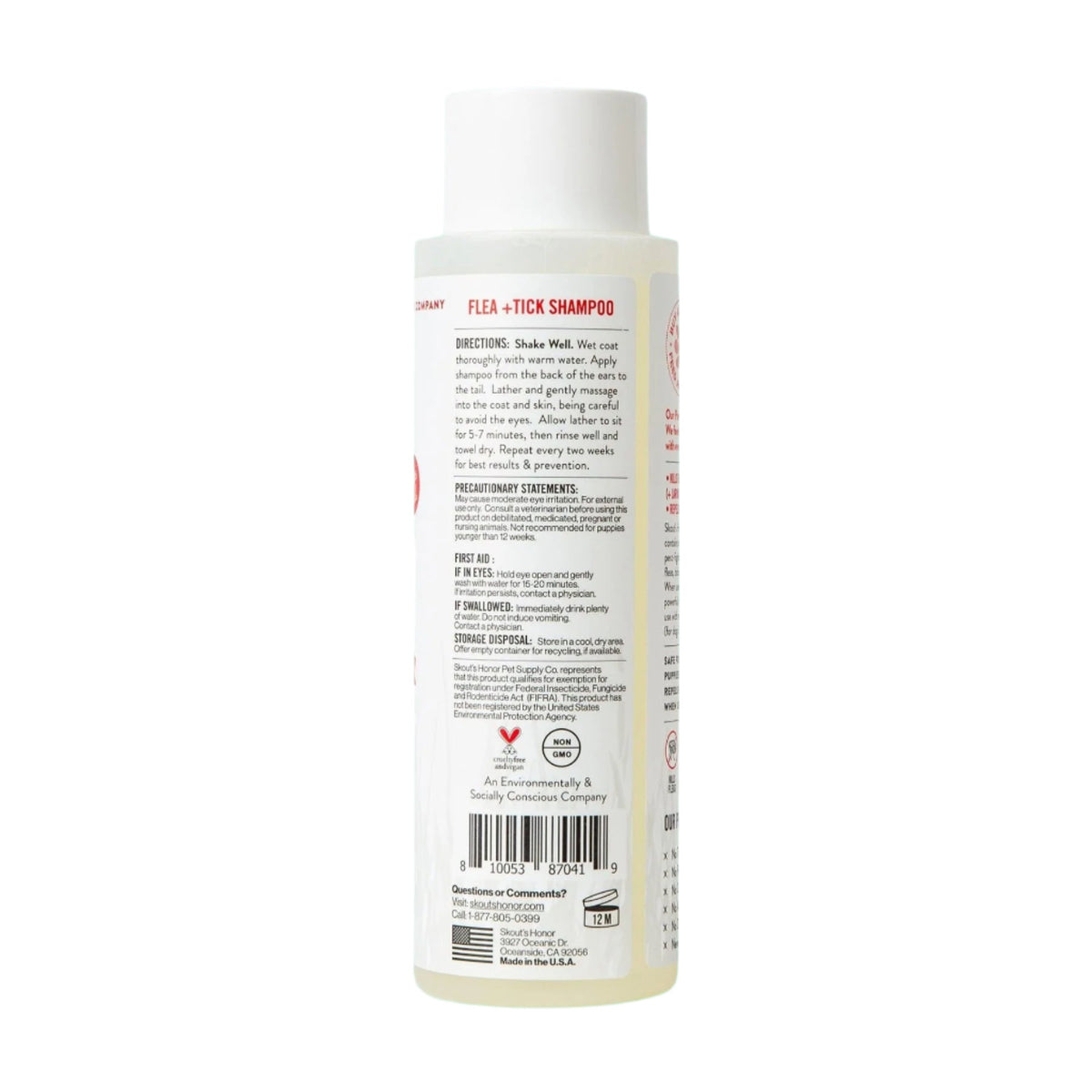 Close-up detail of Skout's Honor Flea & Tick Shampoo bottle showing key product information.