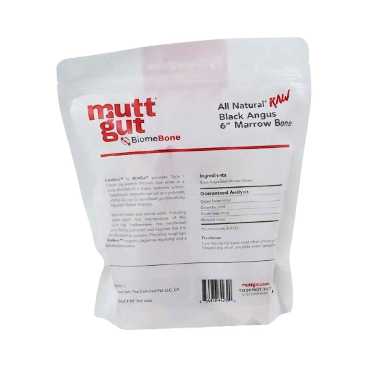 Close-up detail of MuttGut Raw Bones 6-inch natural dog chew bones two-pack packaging.