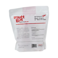Close-up detail of MuttGut Raw Bones 6-inch natural dog chew bones two-pack packaging.
