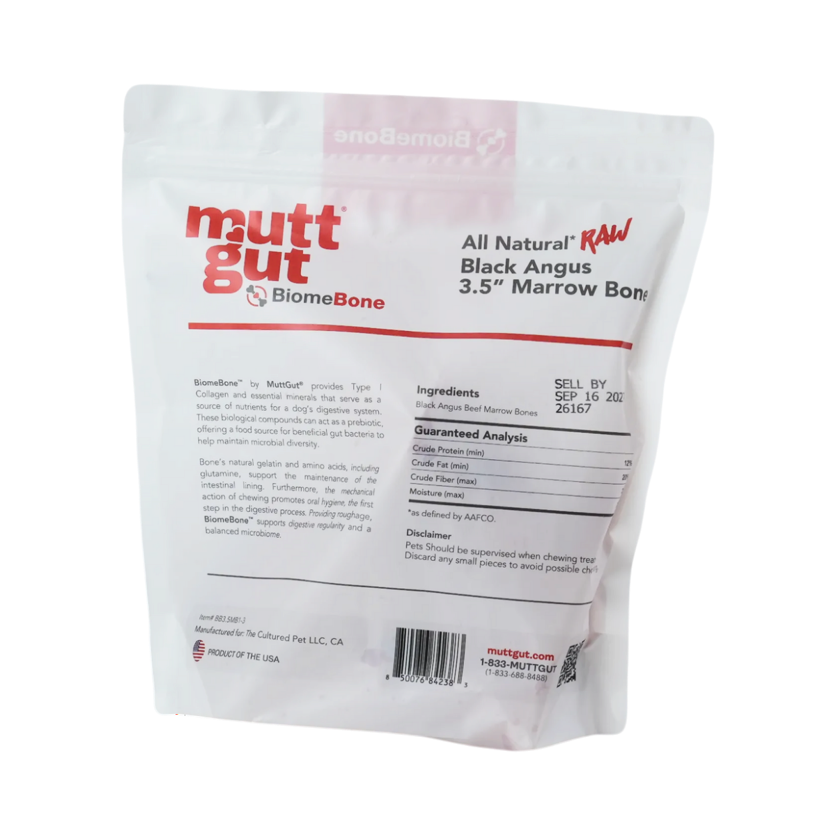 Close-up detail of MuttGut Raw Bones 3-Pack showing texture and size of natural 3.5-inch dog bones.