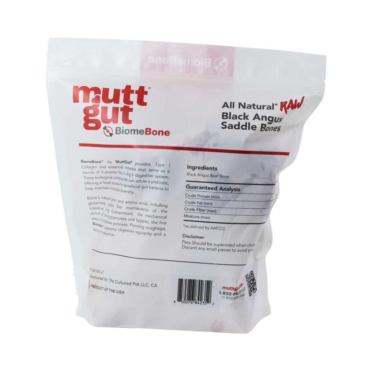 Close-up detail of MuttGut Raw Saddle Bones treat texture and natural bone surface.