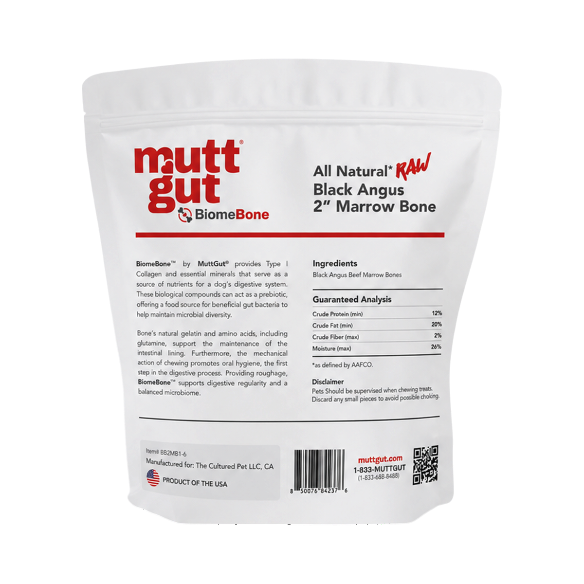 Close-up detail of MuttGut Raw Bones 2-inch natural dog chew treats from the 6-pack.