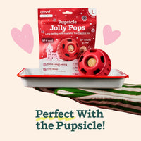 Woof Jolly Pops holiday packaging detail showing product size, design, or labeling information.