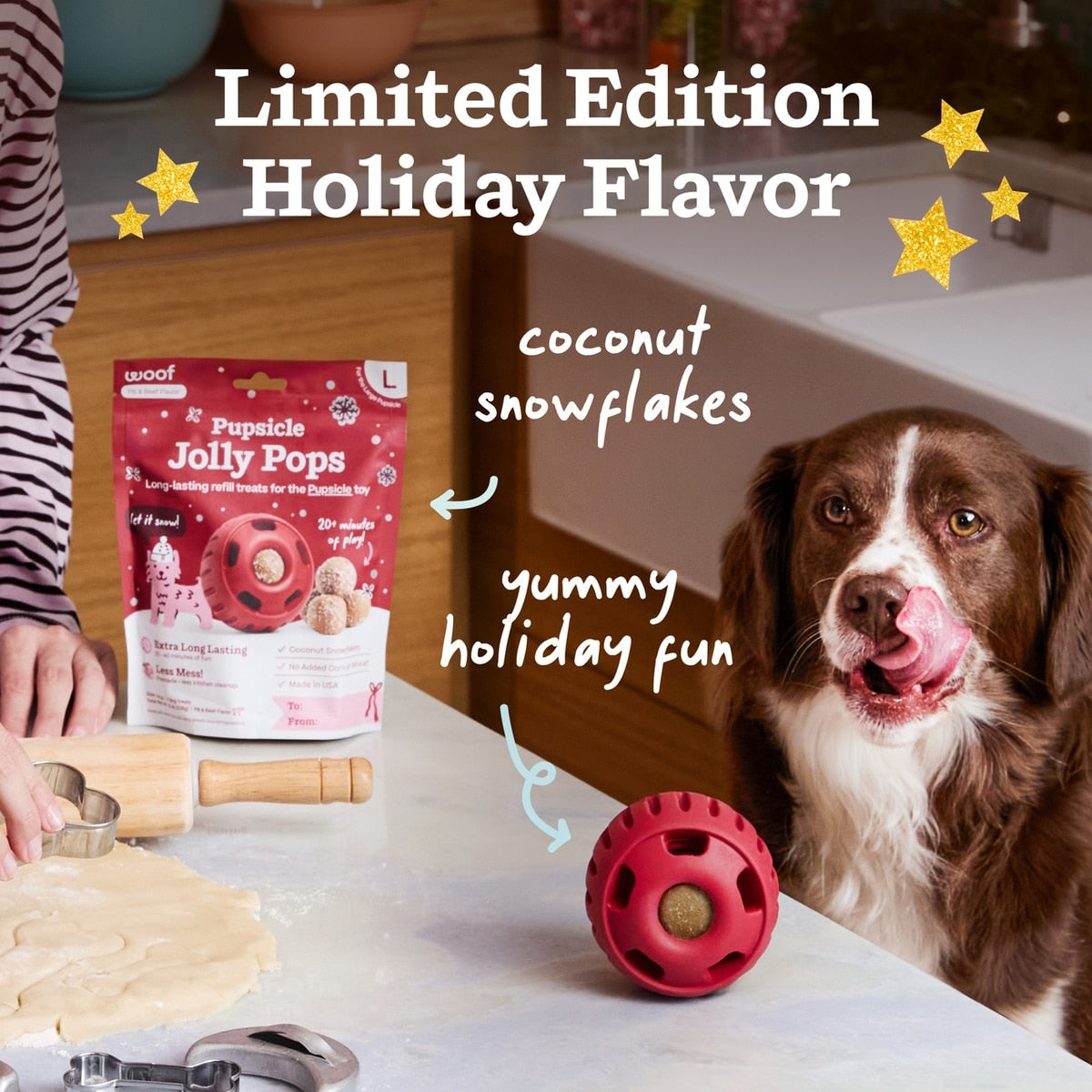 Close-up detail of Woof Jolly Pops holiday dog treat showing festive seasonal design and texture.