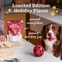 Close-up detail of Woof Jolly Pops holiday dog treat showing festive seasonal design and texture.