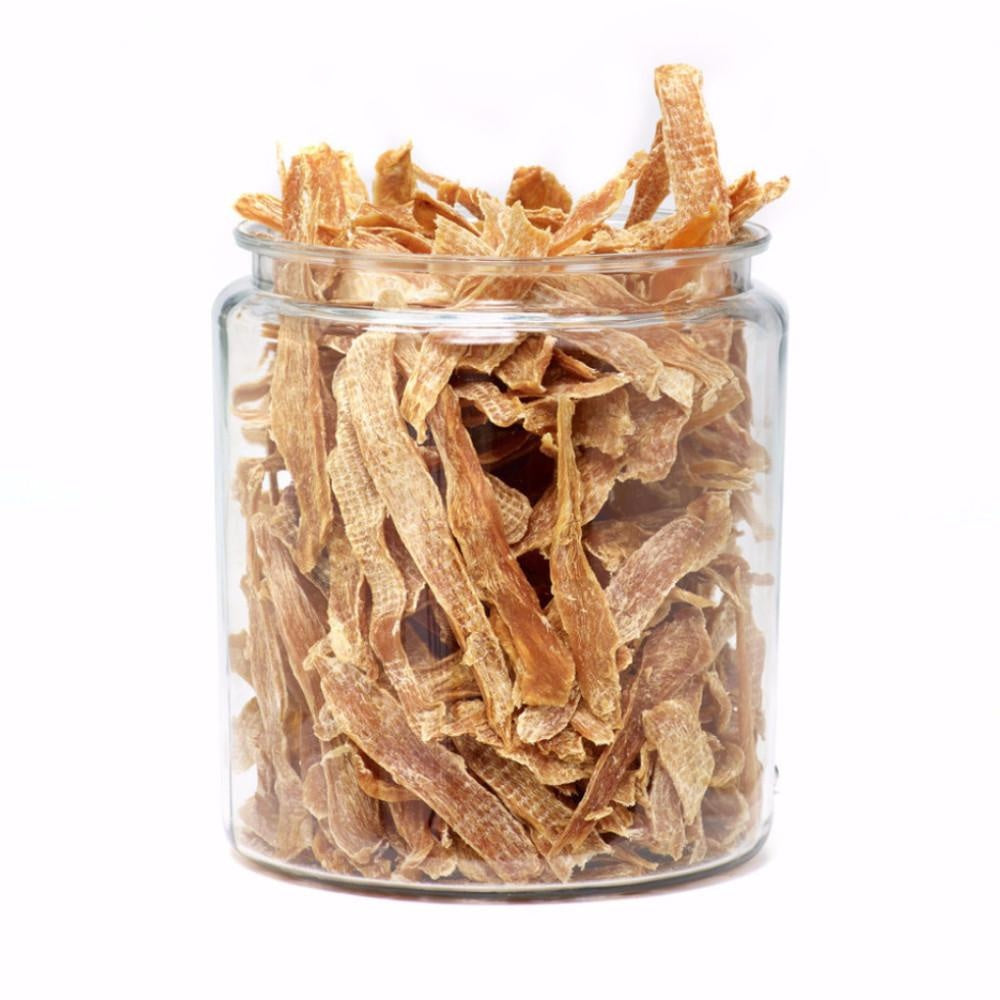Polkadog Bulk Chicken Jerky treats displayed as golden-brown dehydrated chicken breast strips in packaging.