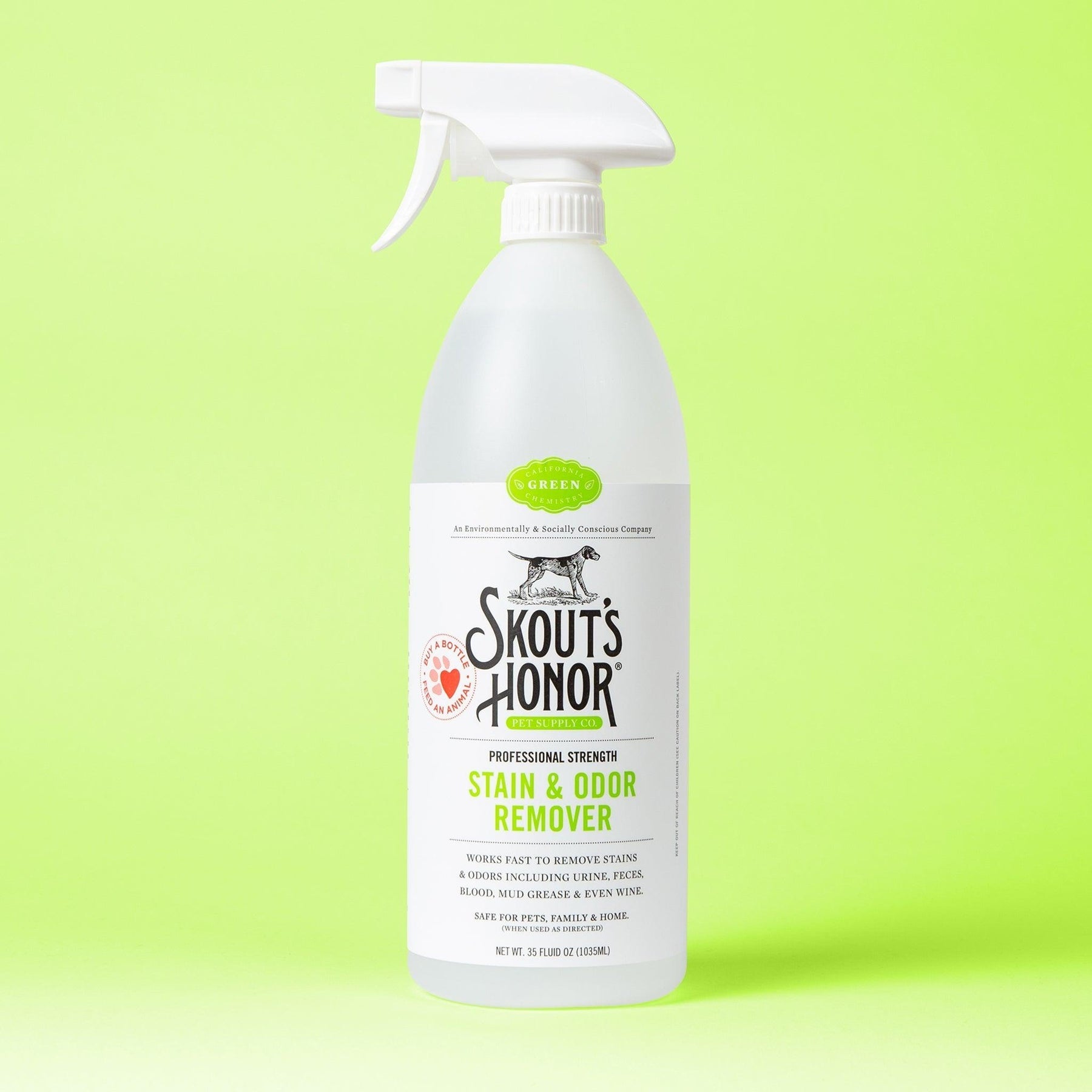 Skout's Honor Stain & Odor Remover 35oz spray bottle with blue and white label design.