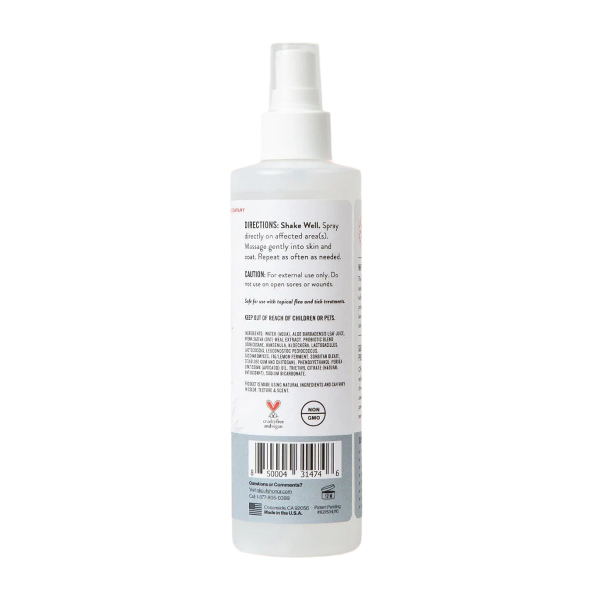 Close-up detail of Skout's Honor Itch Relief Spray bottle highlighting label ingredients and directions.