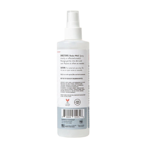Close-up detail of Skout's Honor Itch Relief Spray bottle highlighting label ingredients and directions.