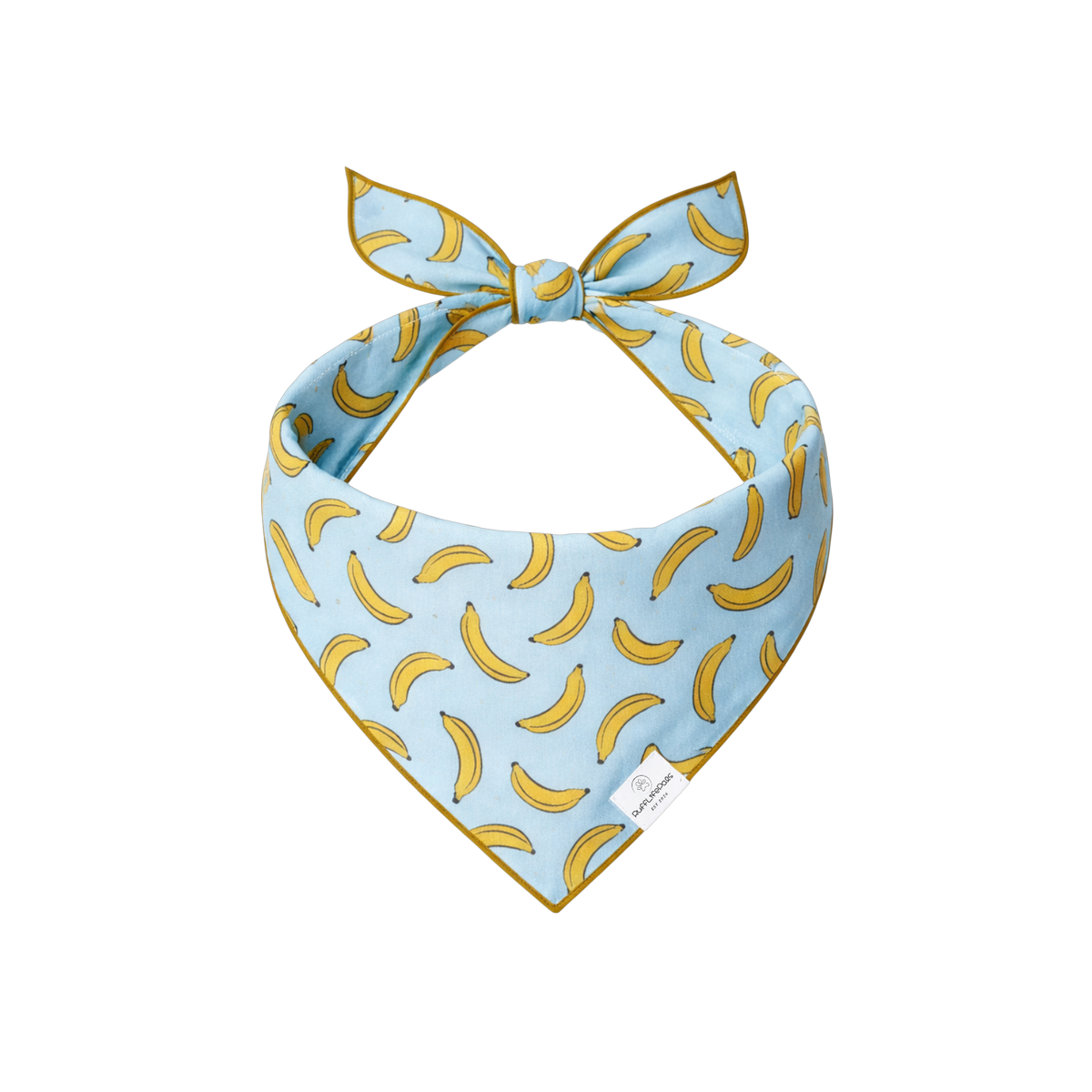 Rufflifepals Bananas dog bandana featuring a yellow banana print pattern on a flat lay display.