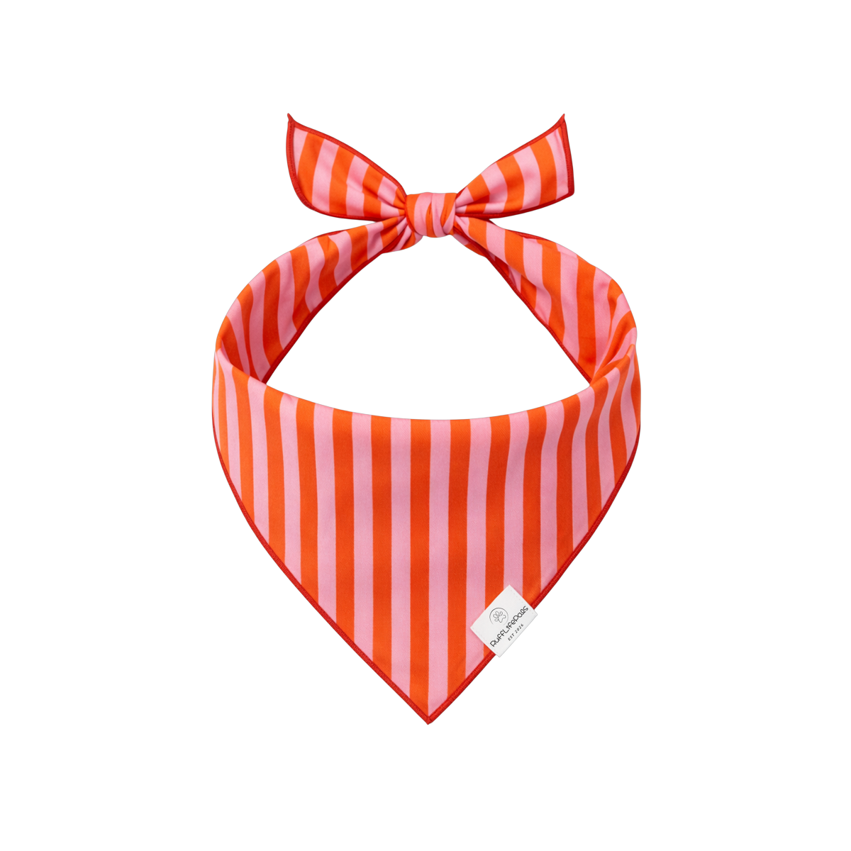 rufflifepals dog bandana in bold orange and pink stripes, shown as a flat product lay.