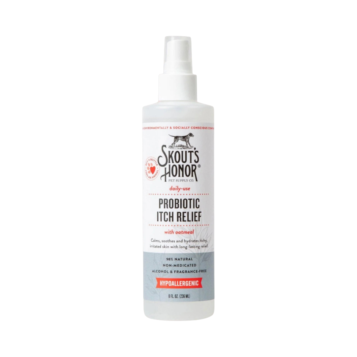 Skout's Honor Itch Relief Spray bottle, a grooming solution for dogs in clean product packaging.