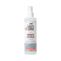 Skout's Honor Itch Relief Spray bottle, a grooming solution for dogs in clean product packaging.