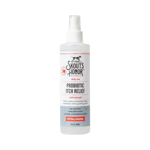 Skout's Honor Itch Relief Spray bottle, a grooming solution for dogs in clean product packaging.