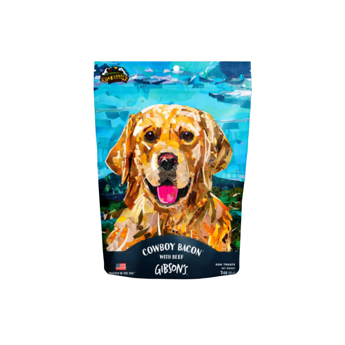 Wild Meadow Farms Cowboy Bacon dog treats displayed in product packaging against a clean background.