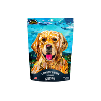 Wild Meadow Farms Cowboy Bacon dog treats displayed in product packaging against a clean background.
