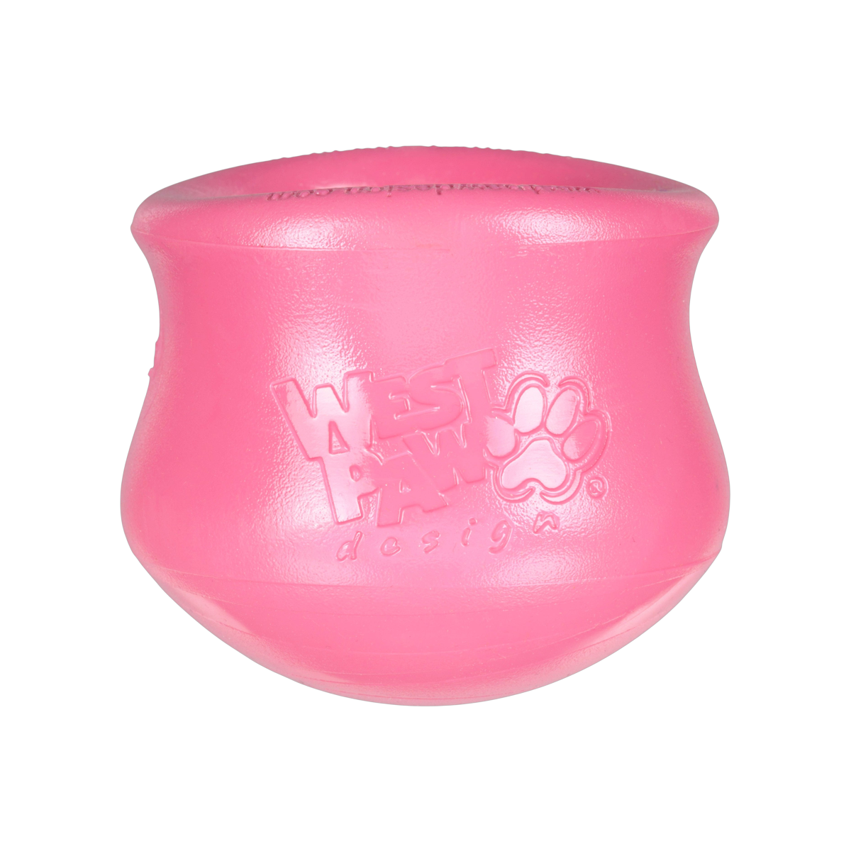 West Paw Toppl treat-dispensing dog toy in geranium pink shown from the front.