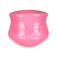 West Paw Toppl treat-dispensing dog toy in geranium pink shown from the front.