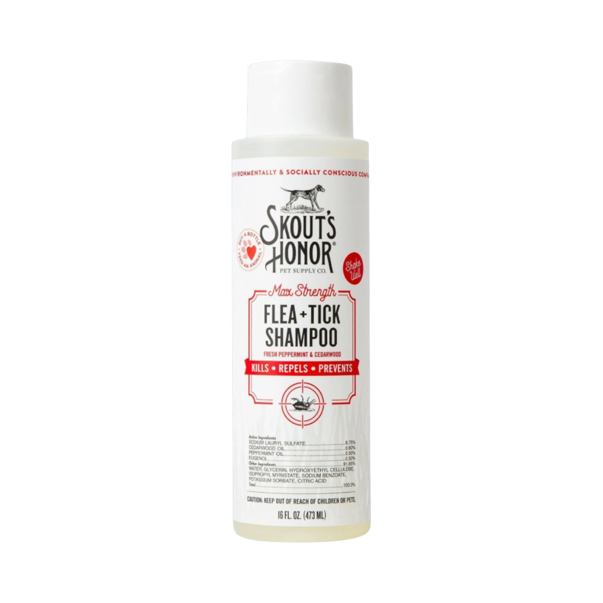 Skout's Honor Flea & Tick Shampoo bottle displayed as the primary product shot against a clean background.