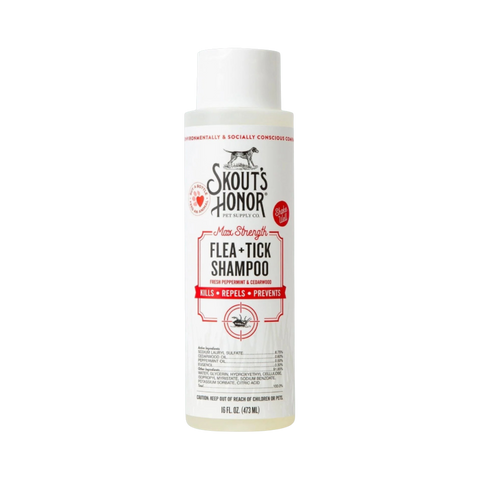 Skout's Honor Flea & Tick Shampoo bottle displayed as the primary product shot against a clean background.