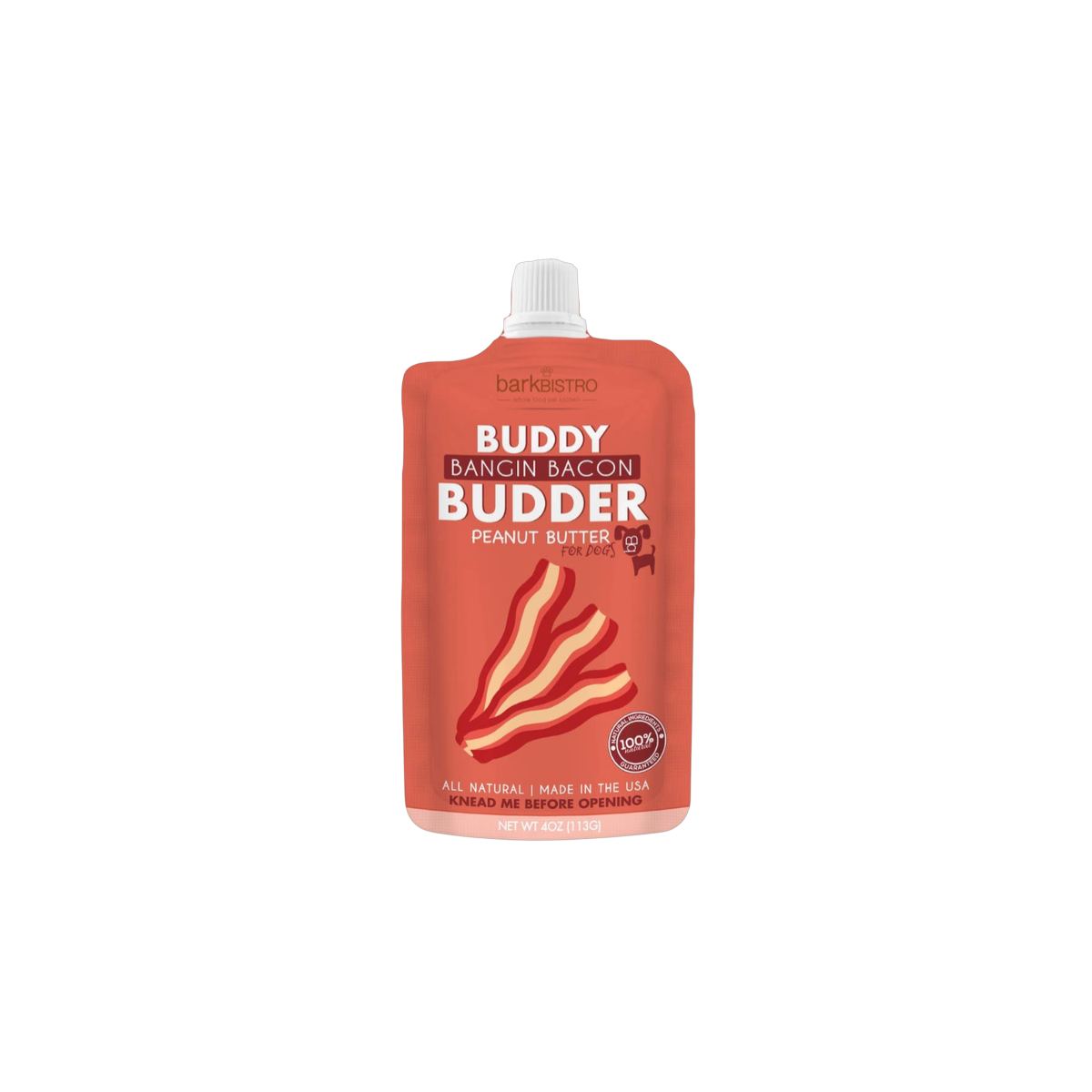 Bark Bistro Bacon Budder dog treat jar with bold label displayed as primary product shot.