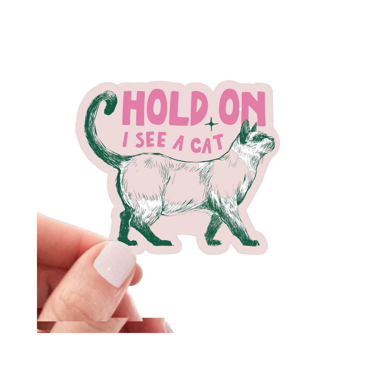 Yarnival Hold On I See a Cat vinyl sticker featuring bold text and playful cat-themed graphic design.