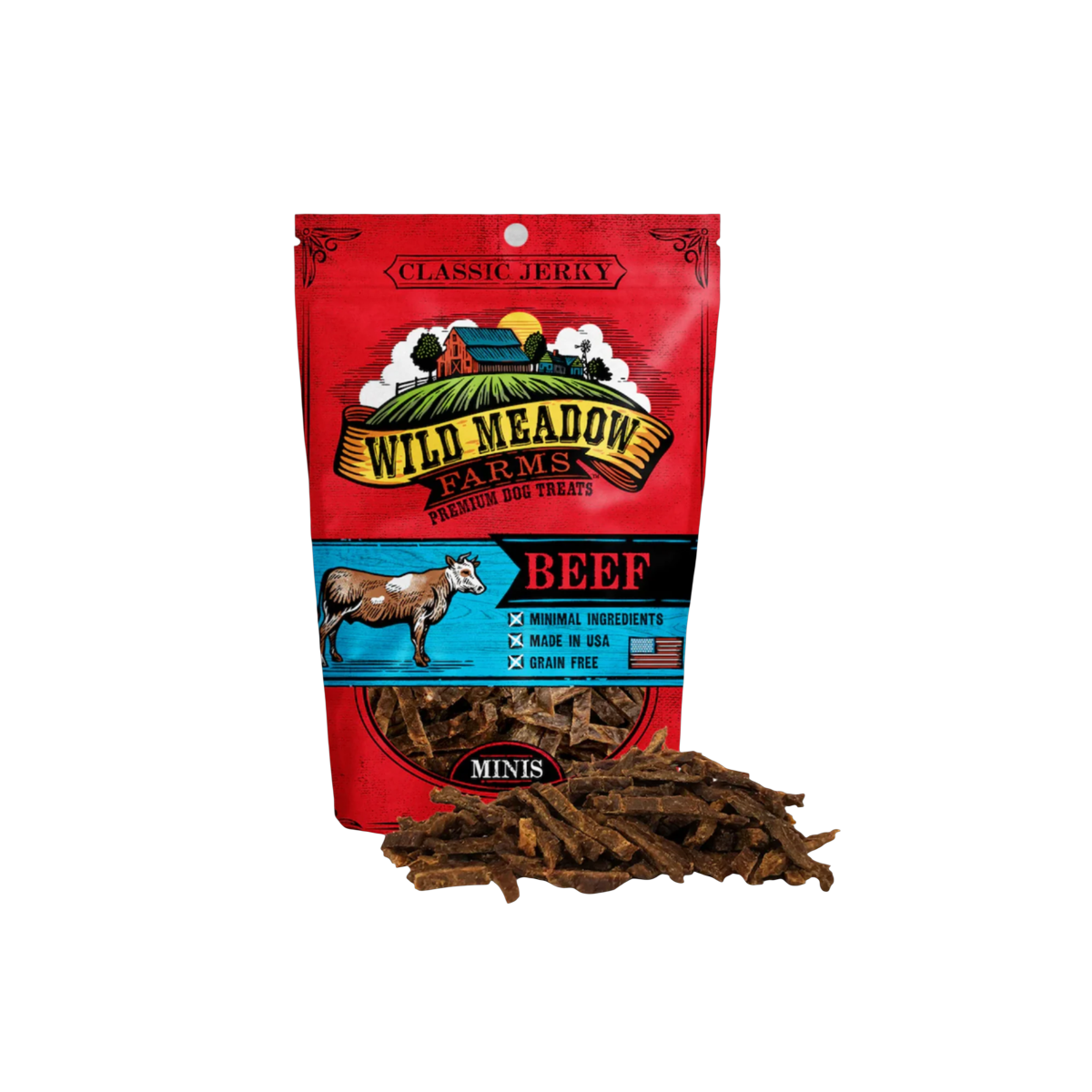 Wild Meadow Farms Classics Beef Minis dog treats in packaging on a clean white background.