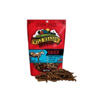 Wild Meadow Farms Classics Beef Minis dog treats in packaging on a clean white background.