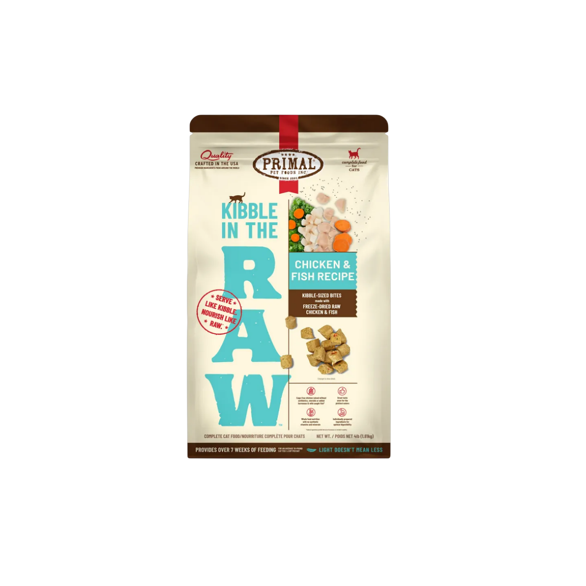 Primal Kibble In The Raw Chicken & Fish dry cat food bag displayed as the primary product shot.
