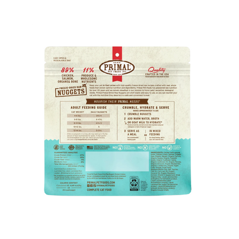Close-up detail of Primal Feline Freeze-Dried Chicken & Salmon Nuggets 14oz bag packaging.