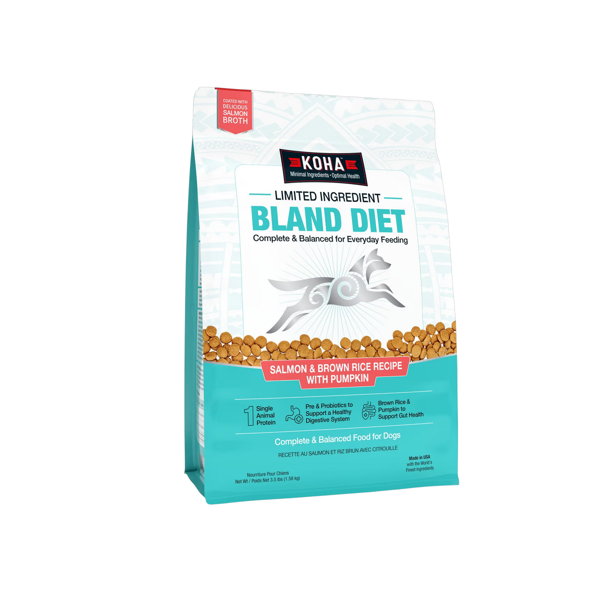 Koha Bland Recipe Salmon Kibble dry dog food bag displayed as the primary product shot.