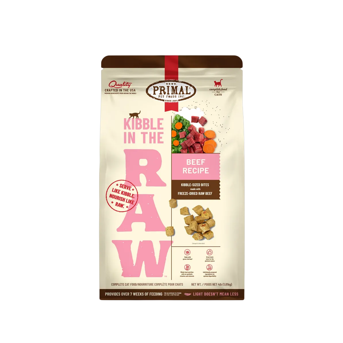 Primal Kibble In The Raw Beef cat food packaging displayed as the primary product shot.