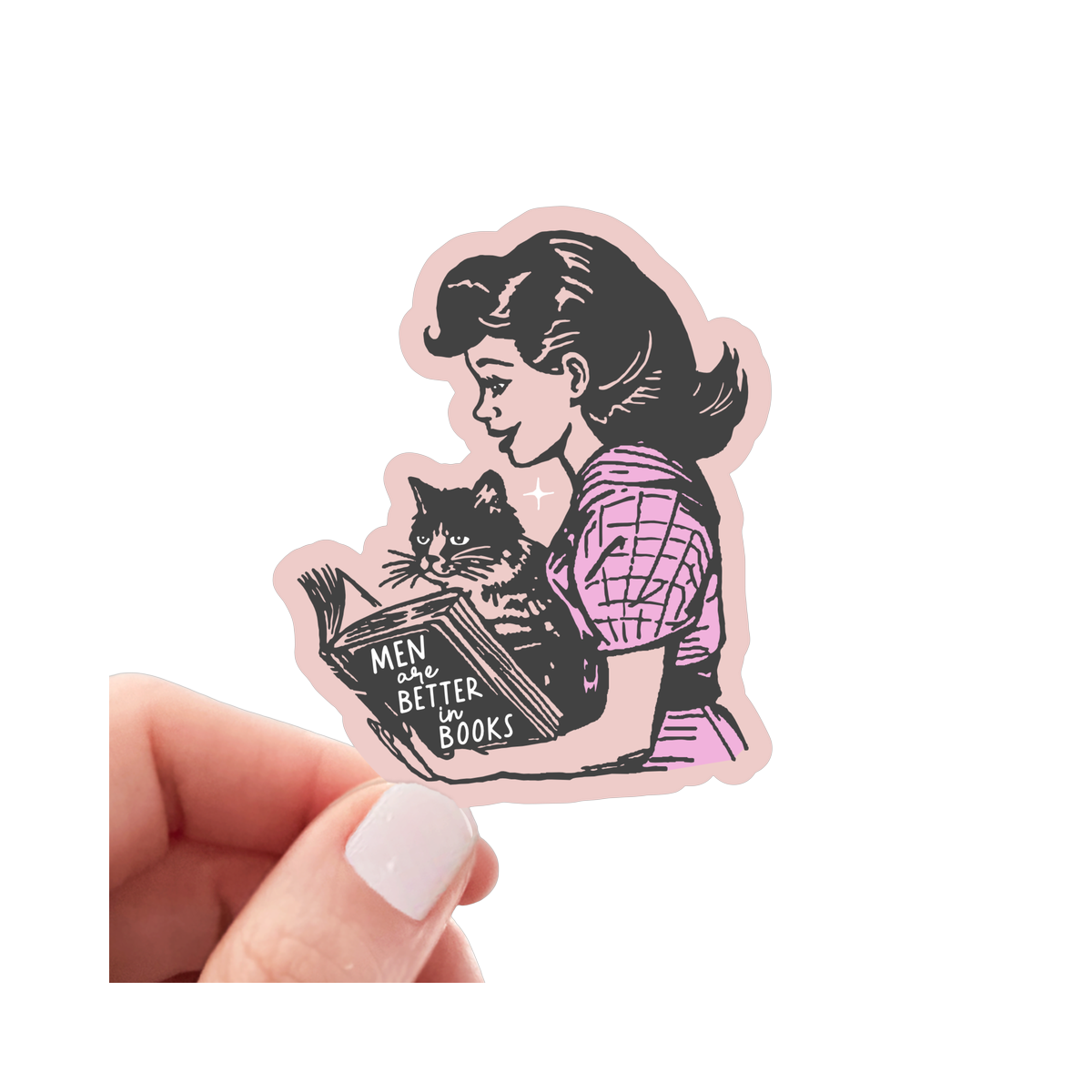 Yarnival Men are Better in Books vinyl sticker featuring bold illustrated text design on white background.