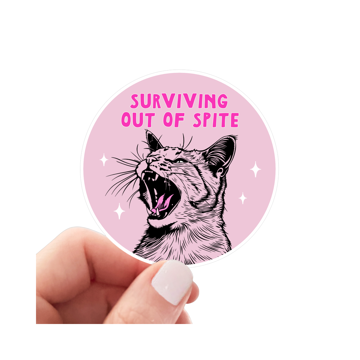 Yarnival Surviving Out of Spite sticker featuring bold typography on a white vinyl background.