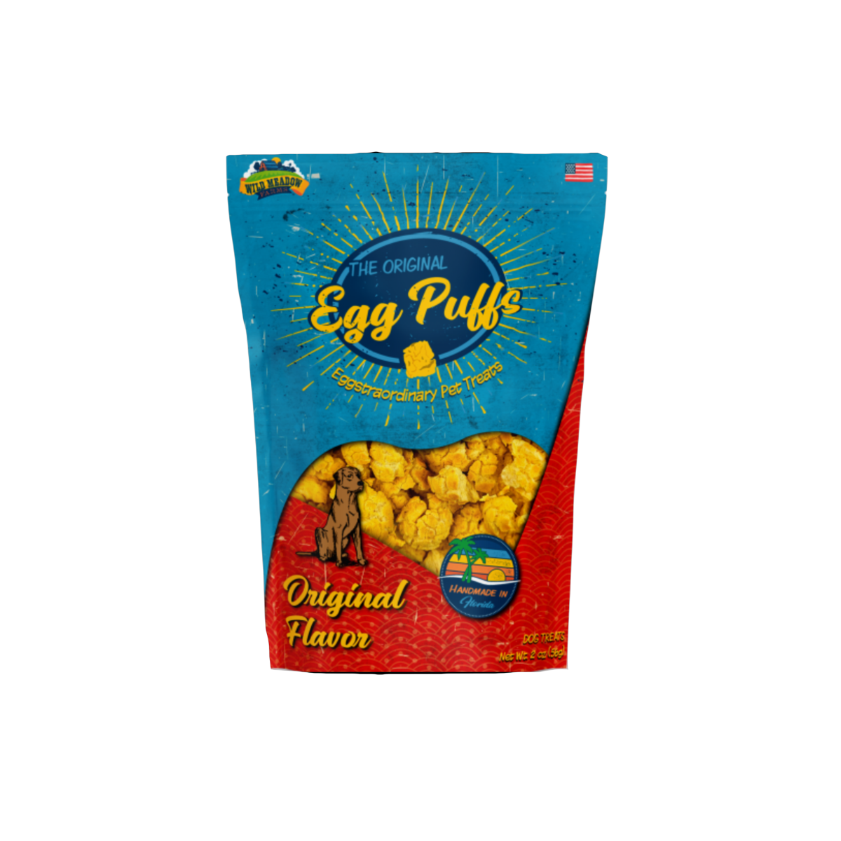 Wild Meadow Farms Egg Puffs dog treats displayed in their retail packaging on a clean background.
