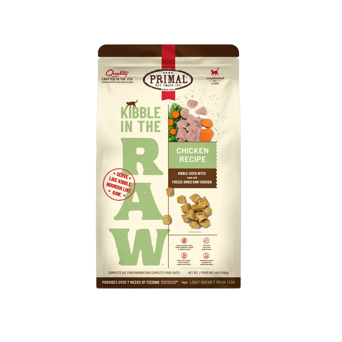 Primal Kibble In The Raw Chicken cat food packaging displayed as the primary product shot.