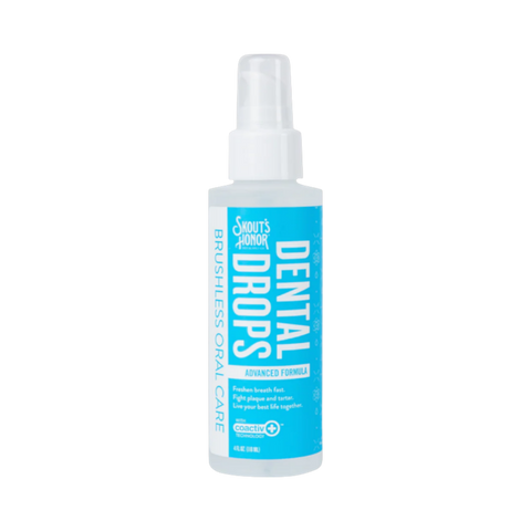 Skout's Honor Dental Drops bottle in flavorless formula for pet dental care.